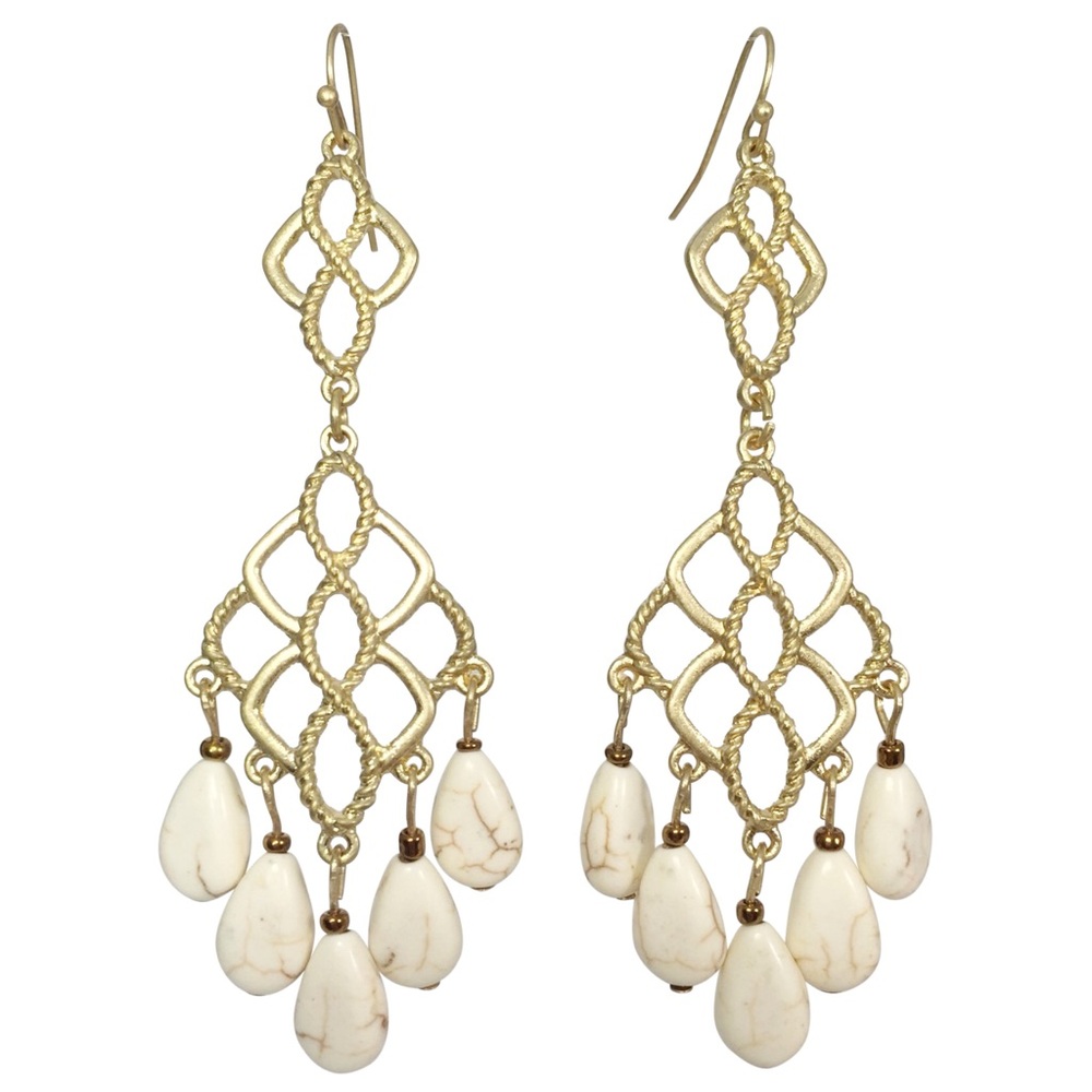 Long Gold Tone Filigree Ivory Stone Chandelier Statement Dangle Earrings